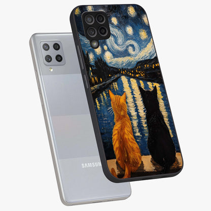Starry River Cats Glass Case displayed in angled mockup highlighting charming feline illustration with dreamy night aesthetic.