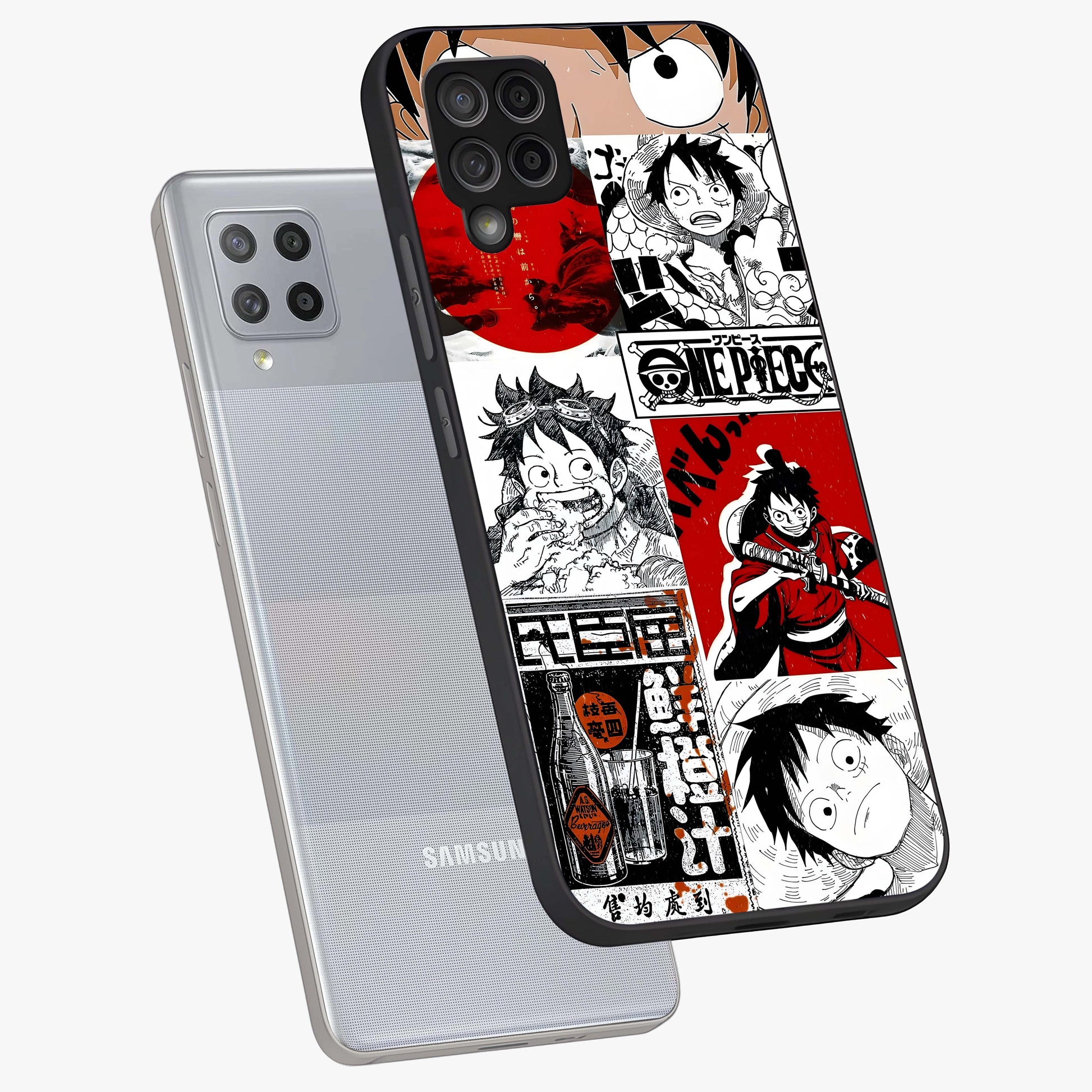 Strawhat Chaos Panels Glass Case displayed in angled mockup highlighting vibrant anime collage design with action aesthetic.