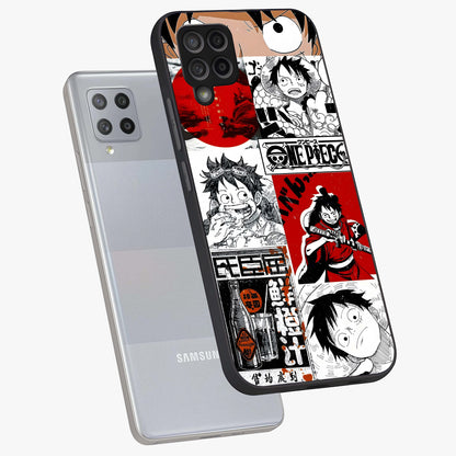 Strawhat Chaos Panels Glass Case displayed in angled mockup highlighting vibrant anime collage design with action aesthetic.