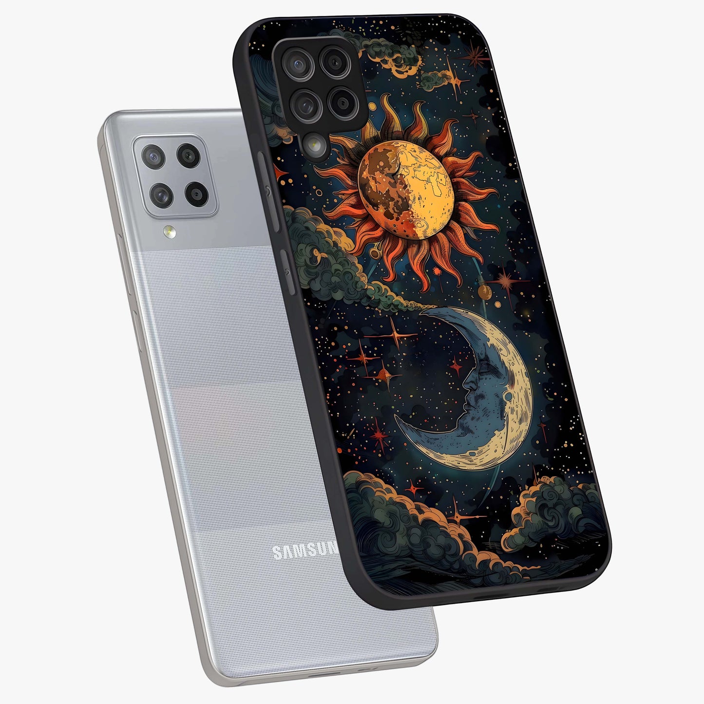 Sun And Moon Magic Design Glass Case displayed in angled mockup highlighting celestial design with magical cosmic aesthetic.