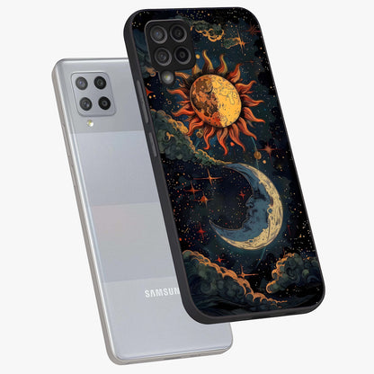 Sun And Moon Magic Design Glass Case displayed in angled mockup highlighting celestial design with magical cosmic aesthetic.