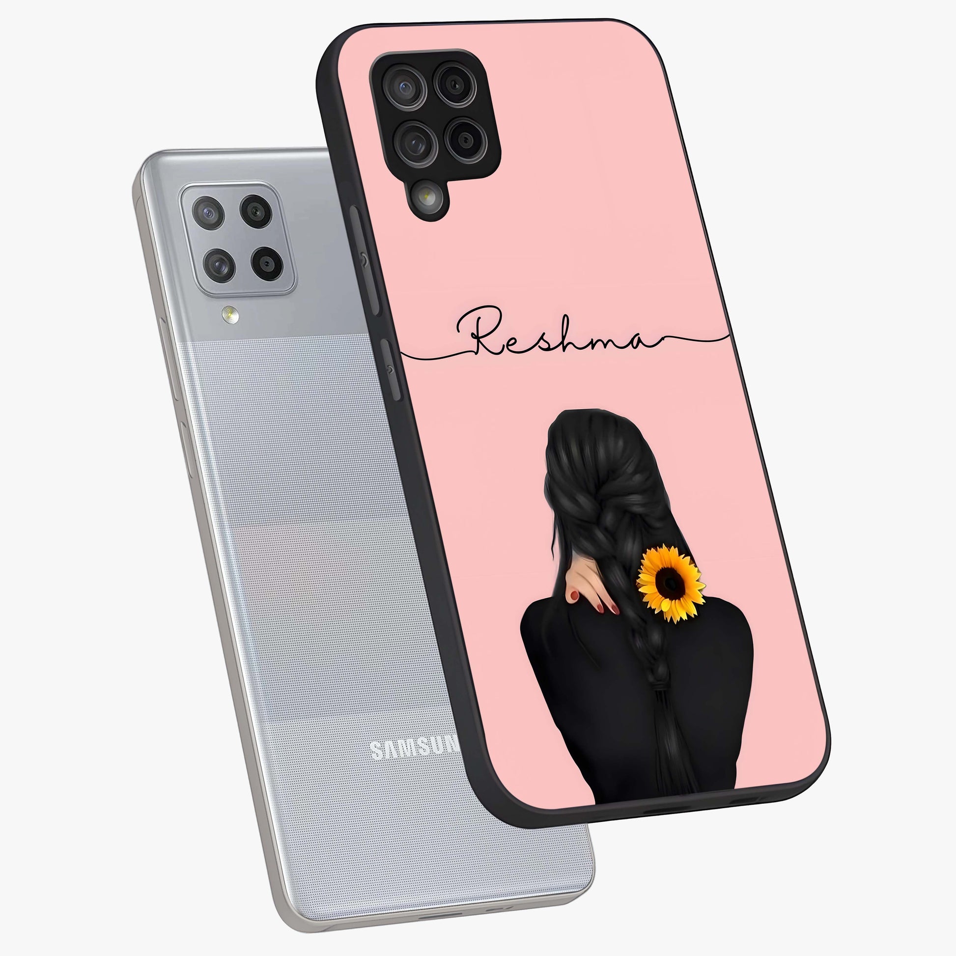 Sunflower Braid Beauty With Custom Name Glass Case displayed in angled mockup highlighting elegant sunflower design with custom name feature.