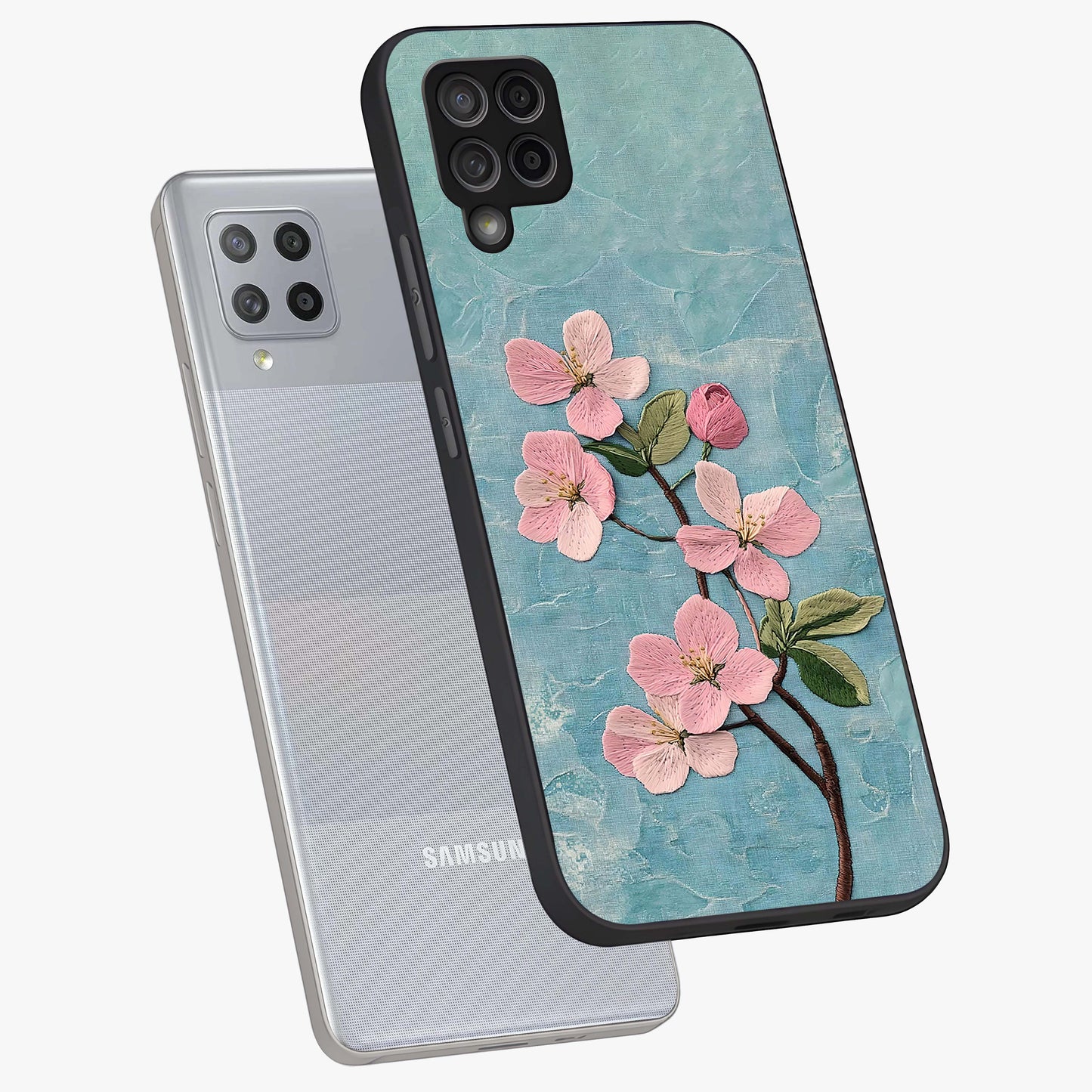 Threaded Blossom Breeze Glass Case displayed in angled mockup highlighting elegant floral design with soft aesthetic style.