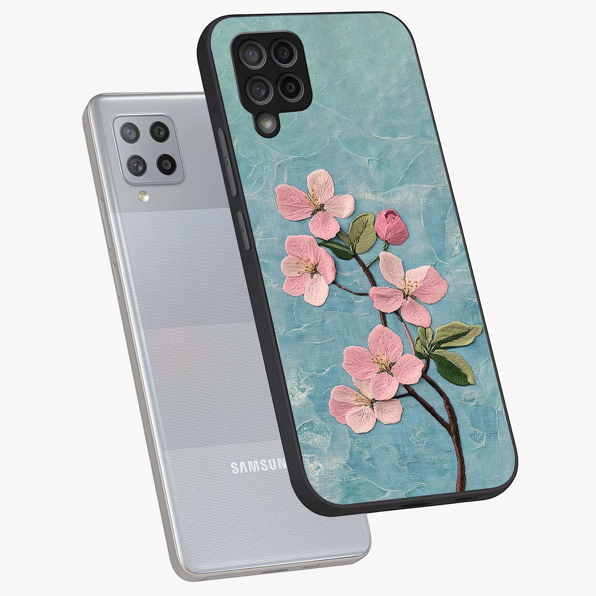 Threaded Blossom Breeze Glass Case displayed in angled mockup highlighting elegant floral design with soft aesthetic style.