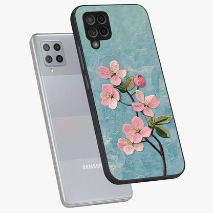 Threaded Blossom Breeze Glass Case displayed in angled mockup highlighting elegant floral design with soft aesthetic style.