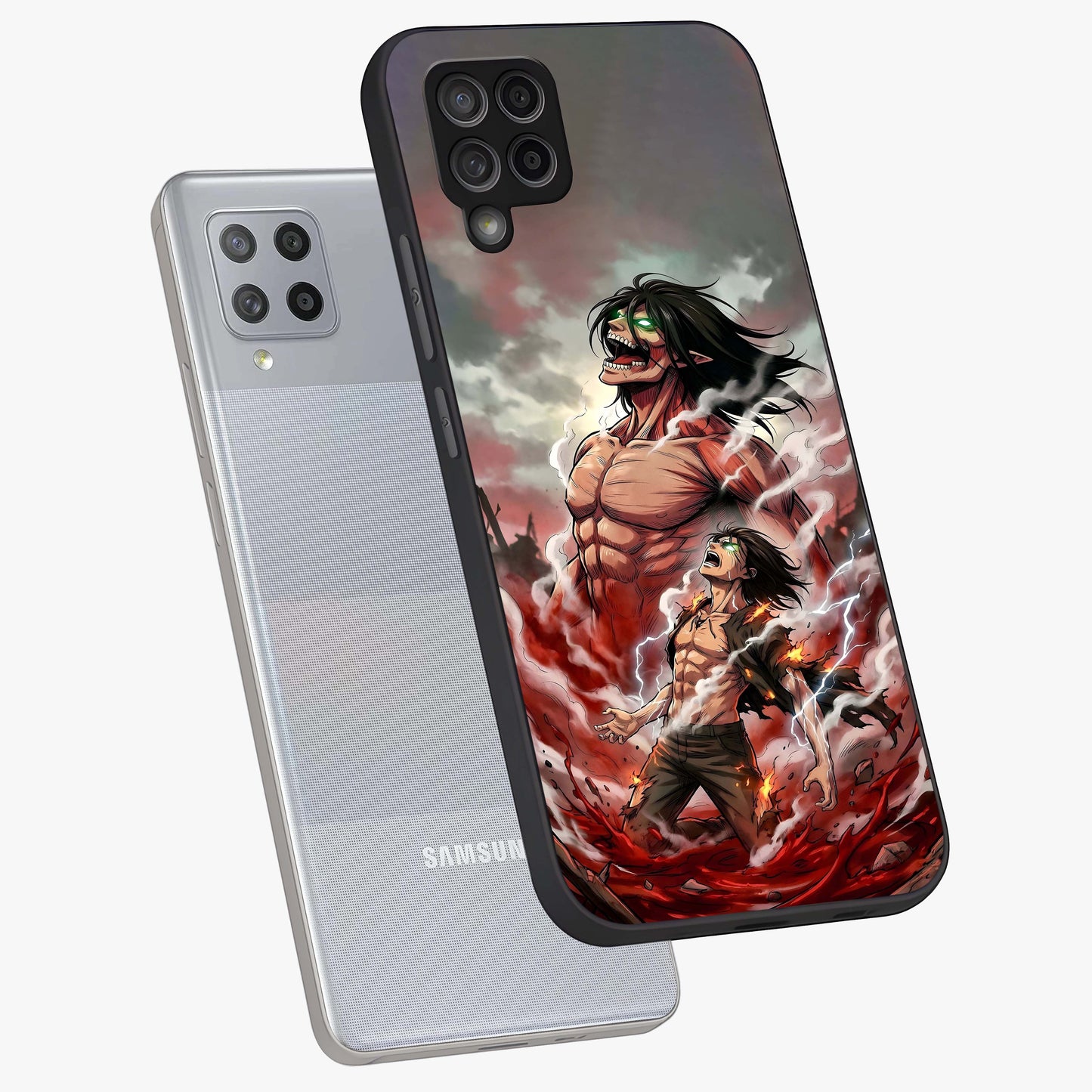 Titan Awakening Fury Glass Case displayed in angled mockup highlighting dramatic giant warrior design with bold anime aesthetic.
