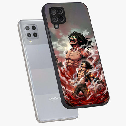 Titan Awakening Fury Glass Case displayed in angled mockup highlighting dramatic giant warrior design with bold anime aesthetic.