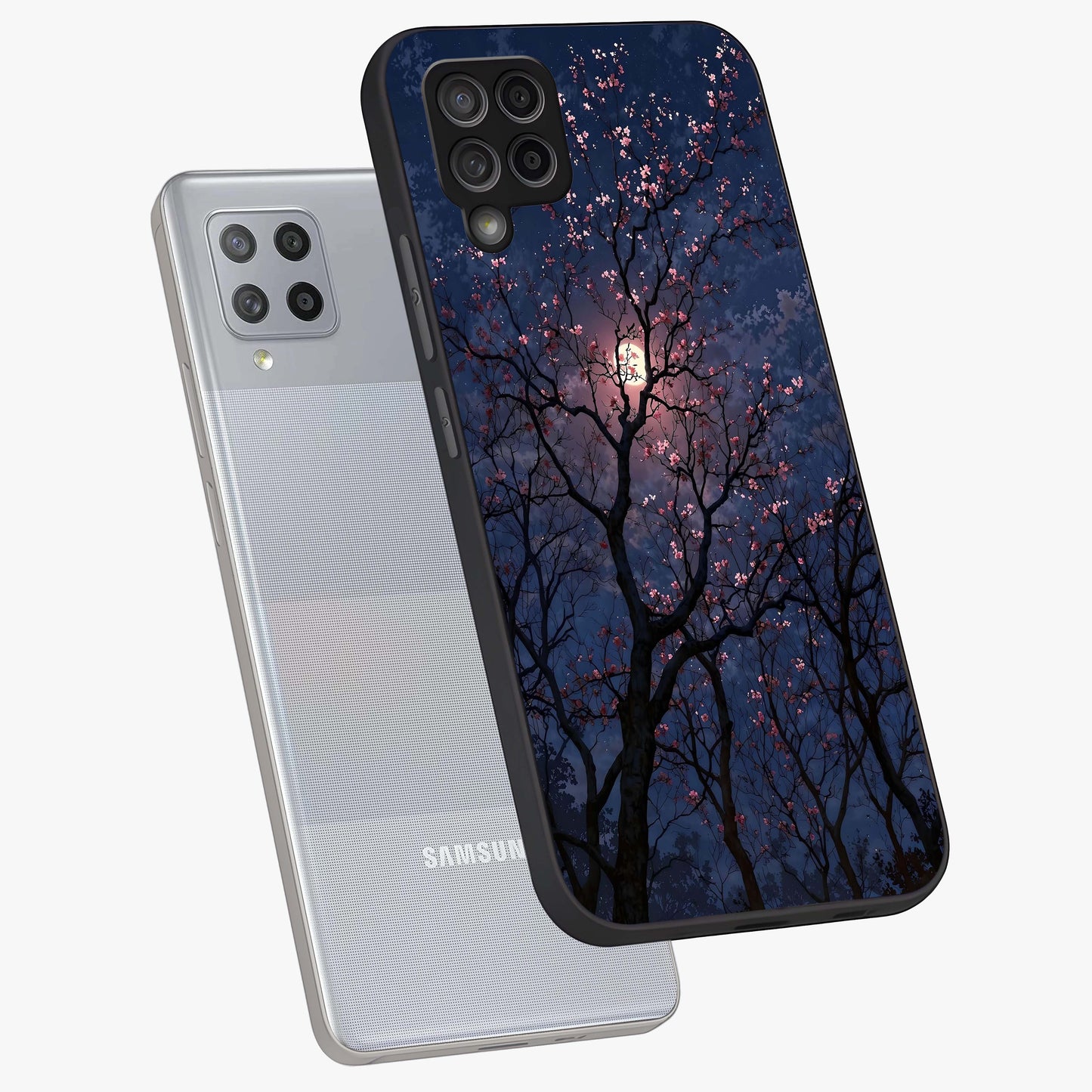 Twilight Sakura Serenade Glass Case displayed in angled mockup highlighting delicate sakura flower design with dreamy aesthetic.