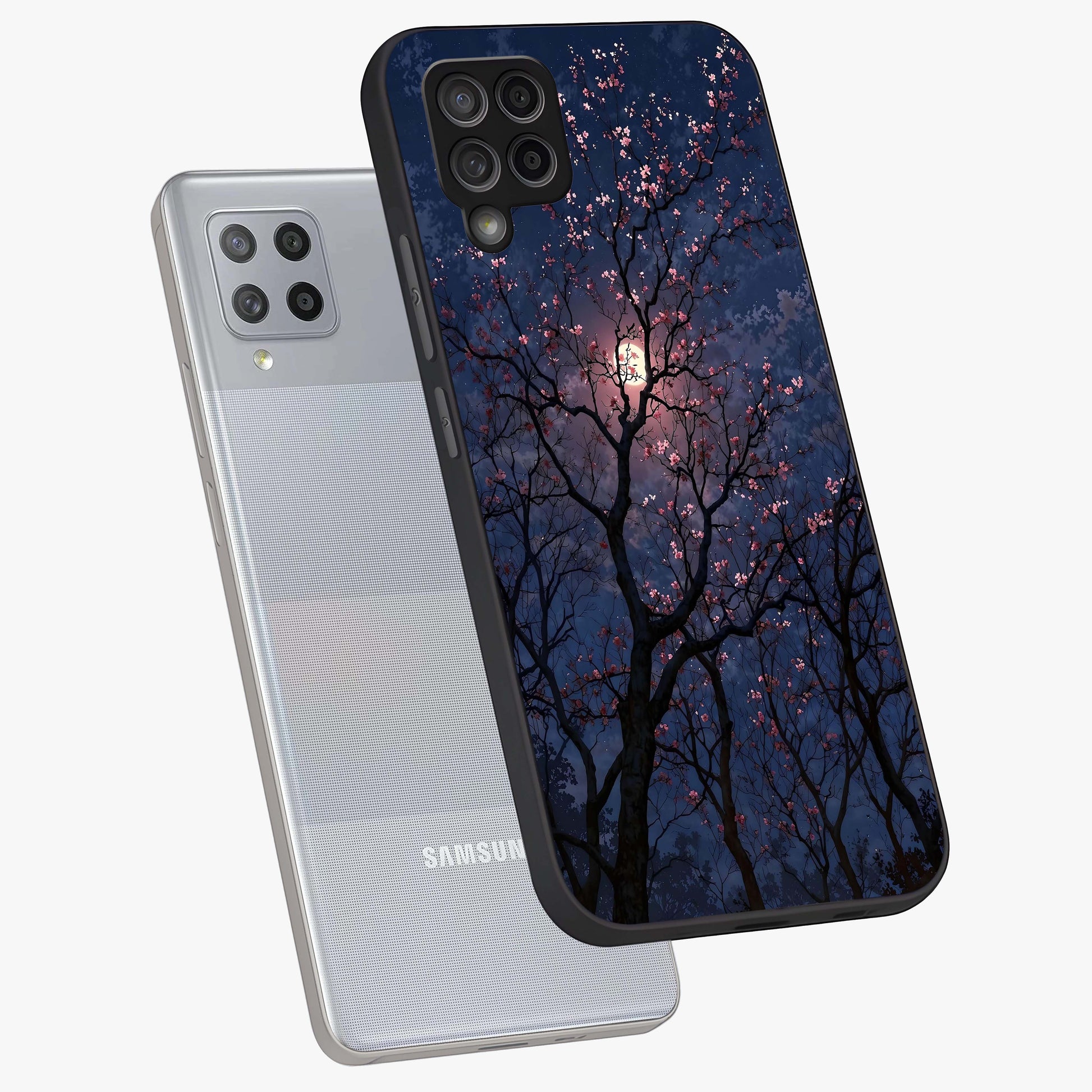Twilight Sakura Serenade Glass Case displayed in angled mockup highlighting delicate sakura flower design with dreamy aesthetic.