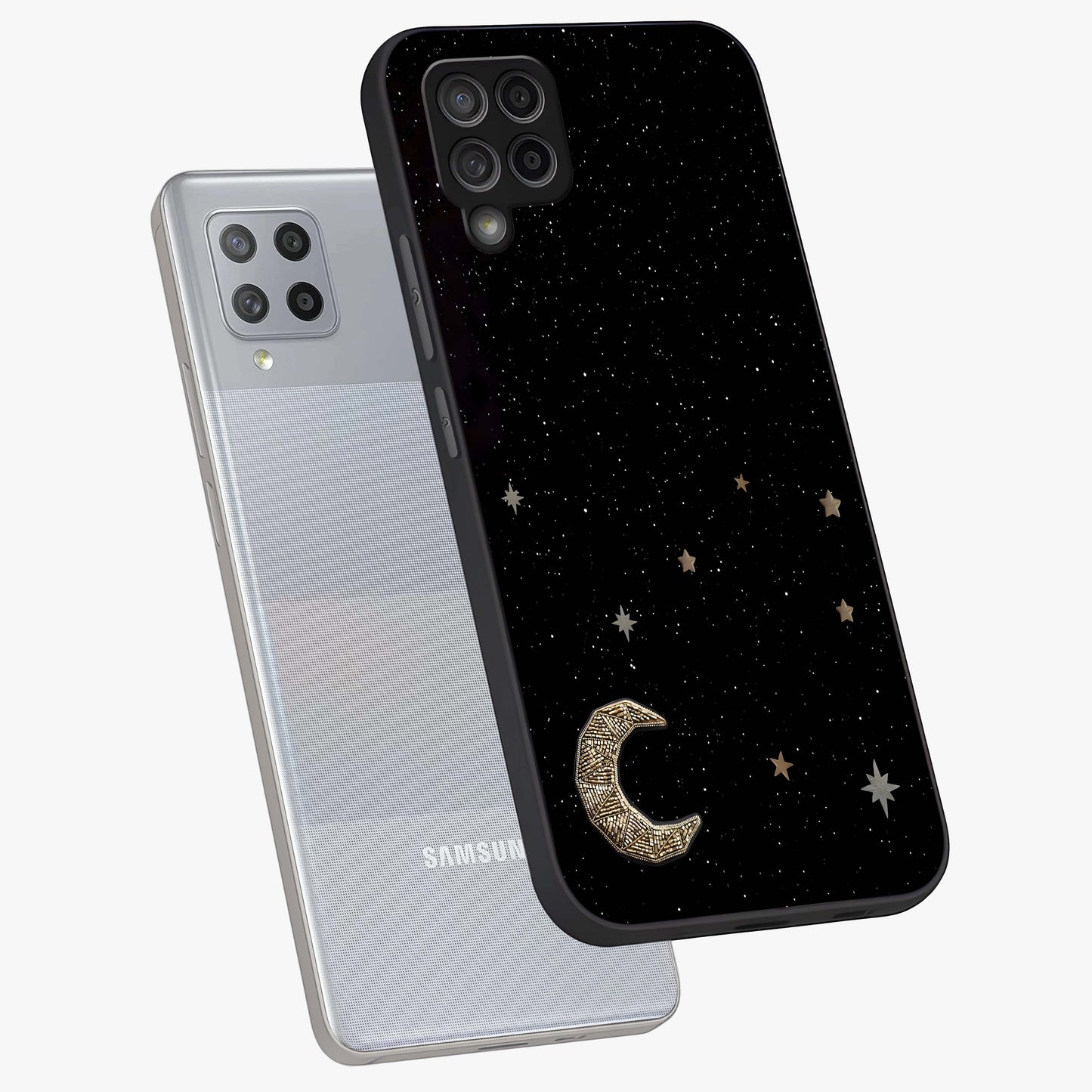 Twinkle Star With Half Moon Glass Case displayed in angled mockup highlighting celestial moon and star design with magical aesthetic.