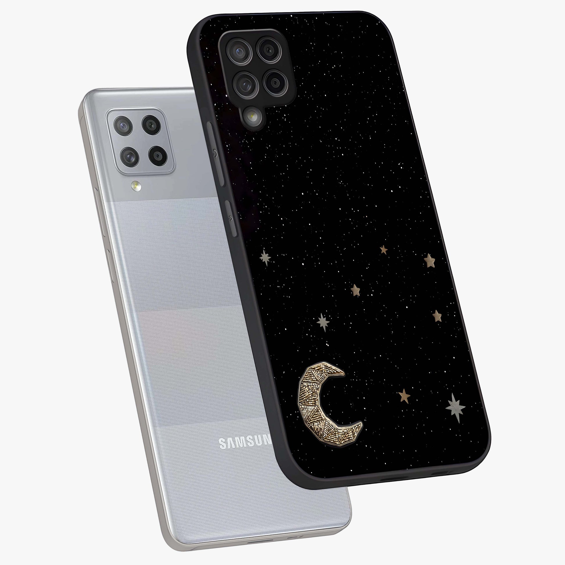 Twinkle Star With Half Moon Glass Case displayed in angled mockup highlighting celestial moon and star design with magical aesthetic.