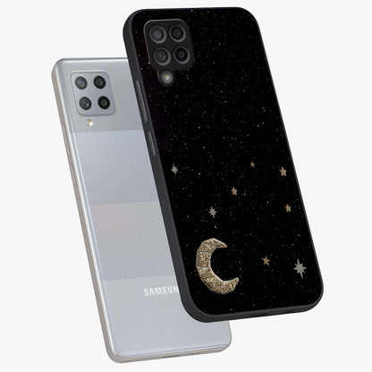 Twinkle Star With Half Moon Glass Case displayed in angled mockup highlighting celestial moon and star design with magical aesthetic.