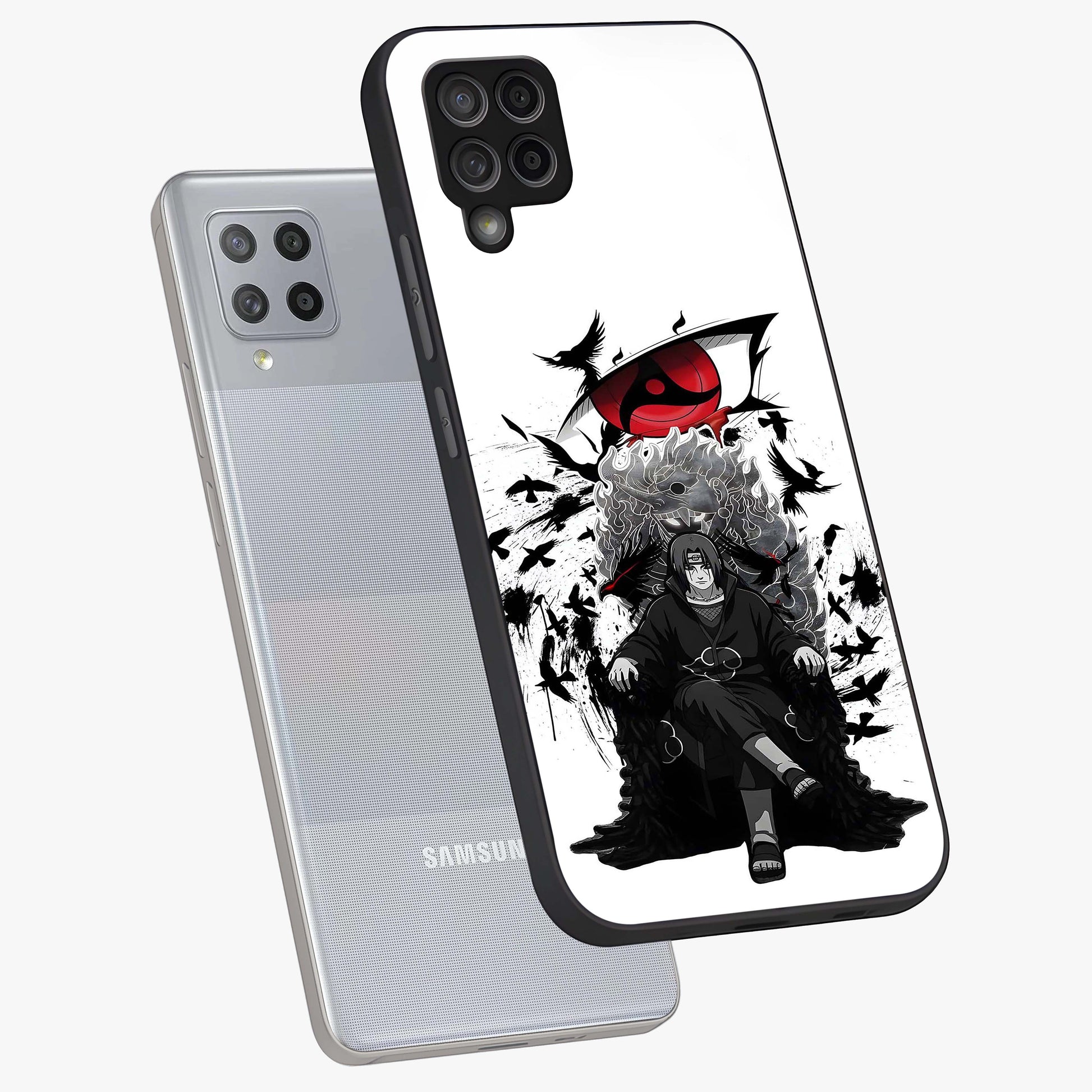 Uchiha Shadow Throne Glass Case displayed in angled mockup highlighting glowing aquatic design with celestial aesthetic.