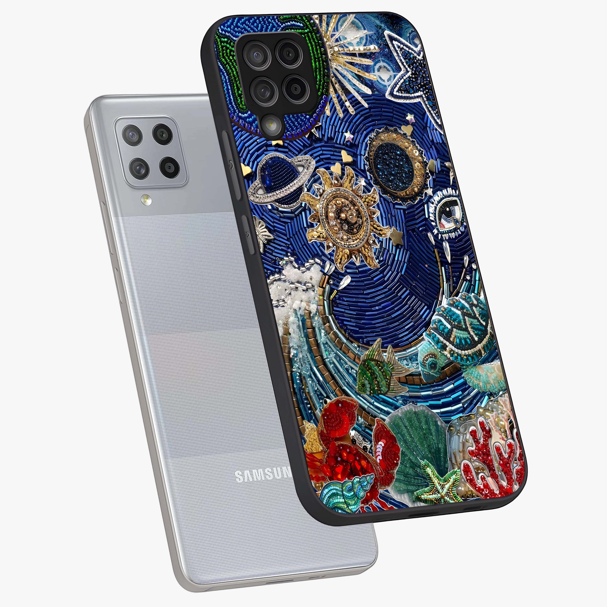 Universe Underwater Spark Glass Case displayed in angled mockup highlighting glowing aquatic design with celestial aesthetic.