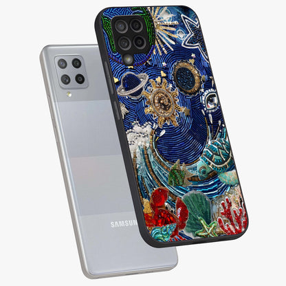 Universe Underwater Spark Glass Case displayed in angled mockup highlighting glowing aquatic design with celestial aesthetic.
