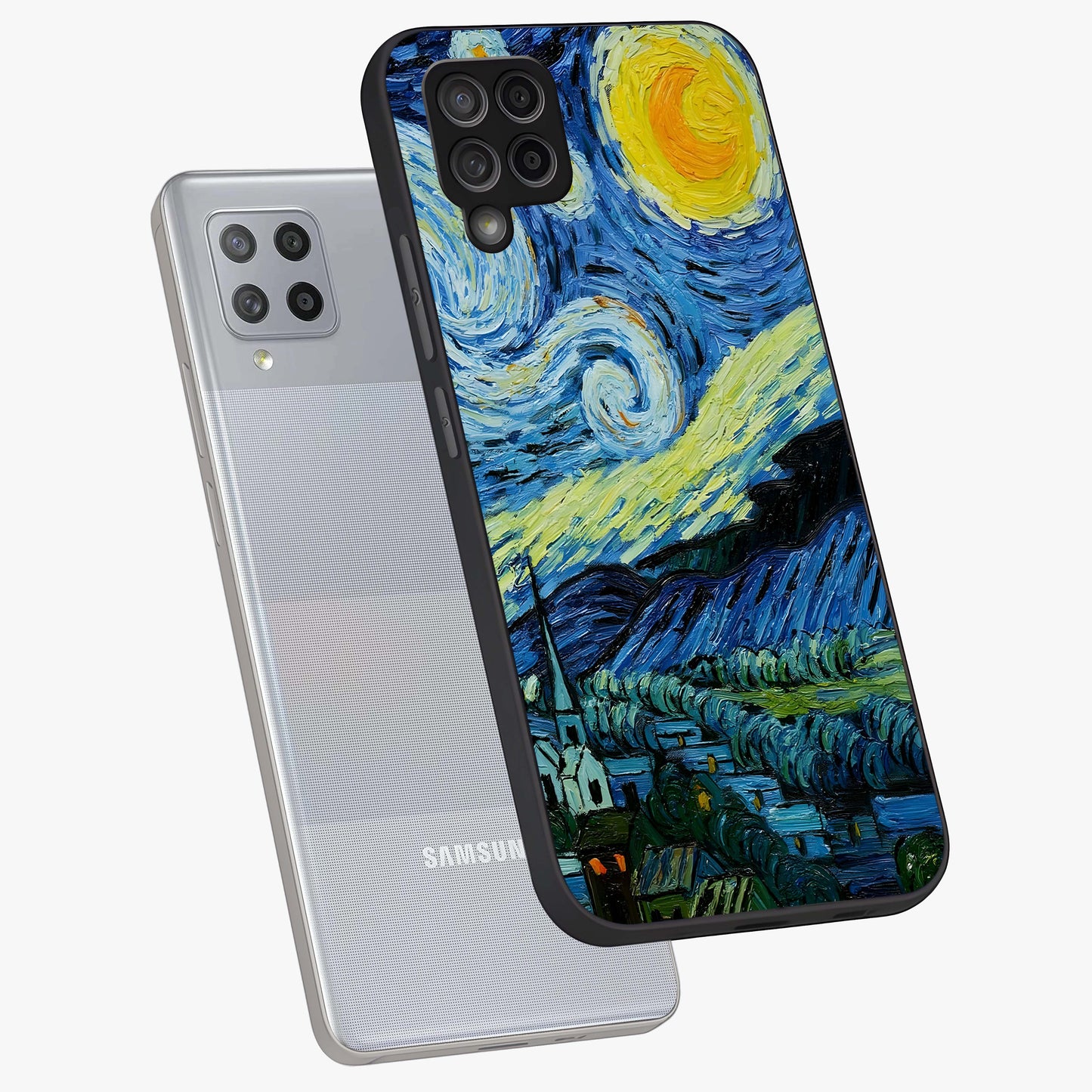Van Gogh Art Glass Case displayed in angled mockup highlighting swirling brushstroke design with artistic aesthetic.