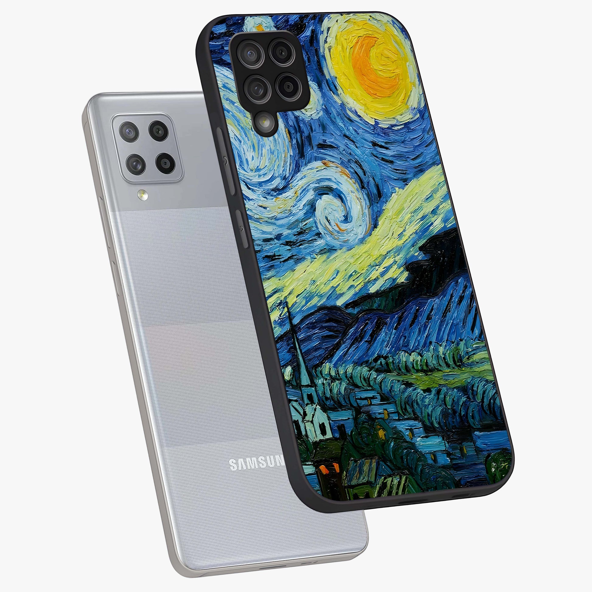 Van Gogh Art Glass Case displayed in angled mockup highlighting swirling brushstroke design with artistic aesthetic.