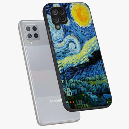 Van Gogh Art Glass Case displayed in angled mockup highlighting swirling brushstroke design with artistic aesthetic.