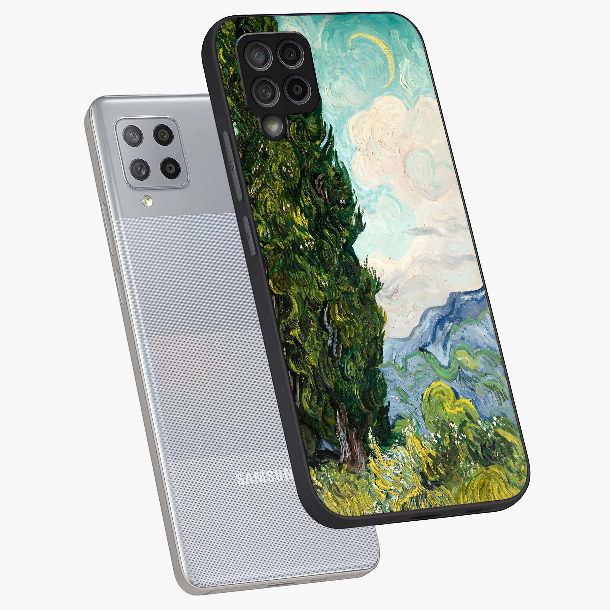 Van Gogh Vintage Art Glass Case displayed in angled mockup highlighting textured brushstroke design with classic aesthetic.