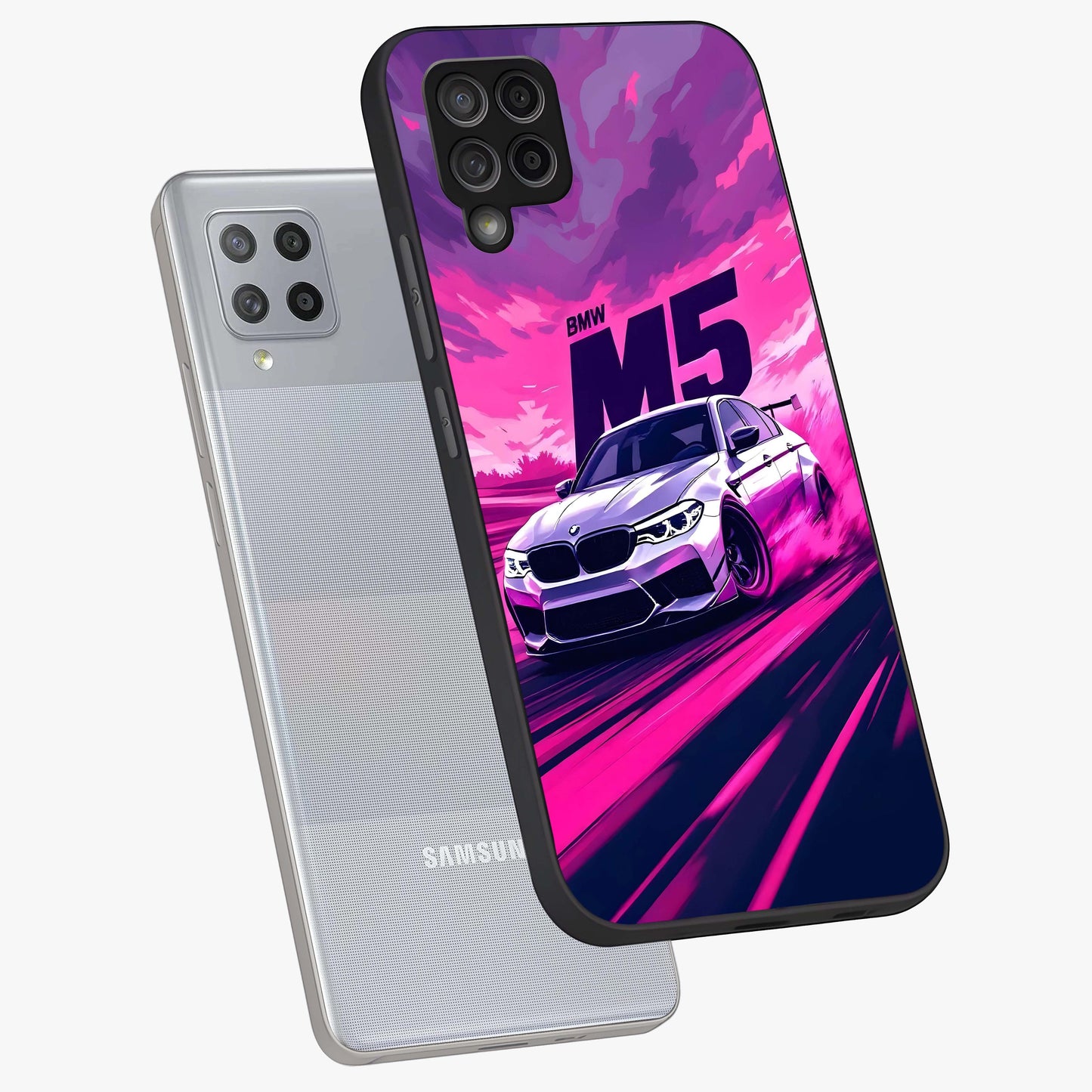 Velocity Drift Pulse Glass Case displayed in angled mockup highlighting dynamic drift design with sporty automotive aesthetic.
