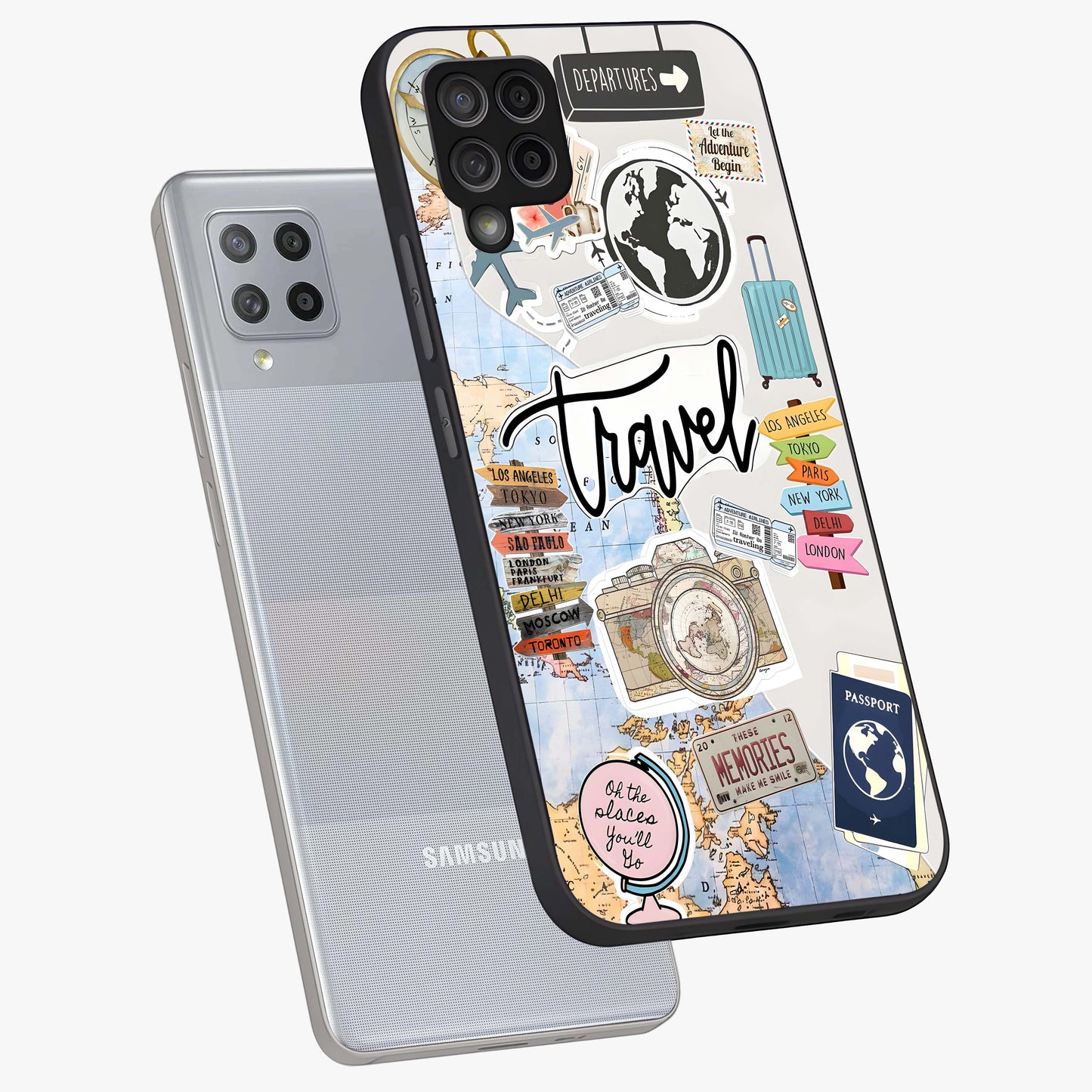 Wanderlust Journal Glass Case displayed in angled mockup highlighting adventure themed design with aesthetic travel vibe.
