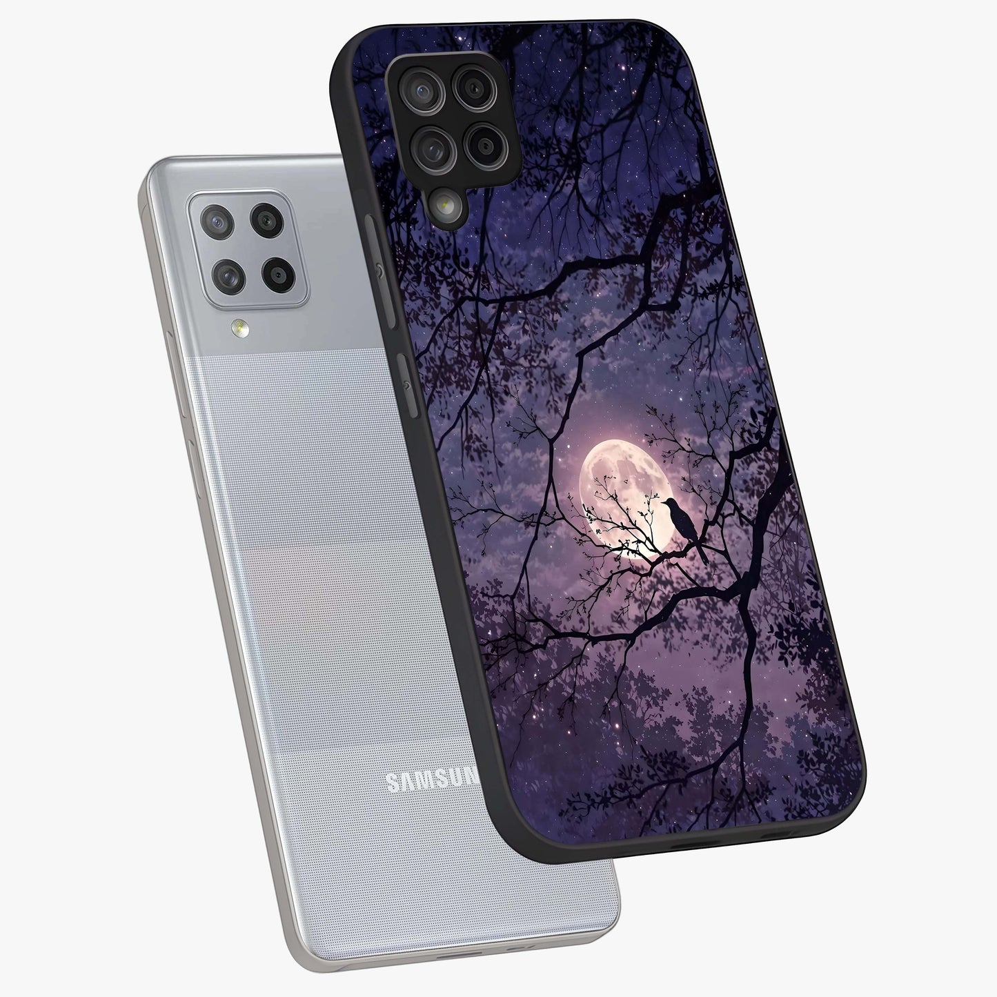 Whispering Moon Silence Glass Case displayed in angled mockup highlighting calm lunar design with dreamy night aesthetic.