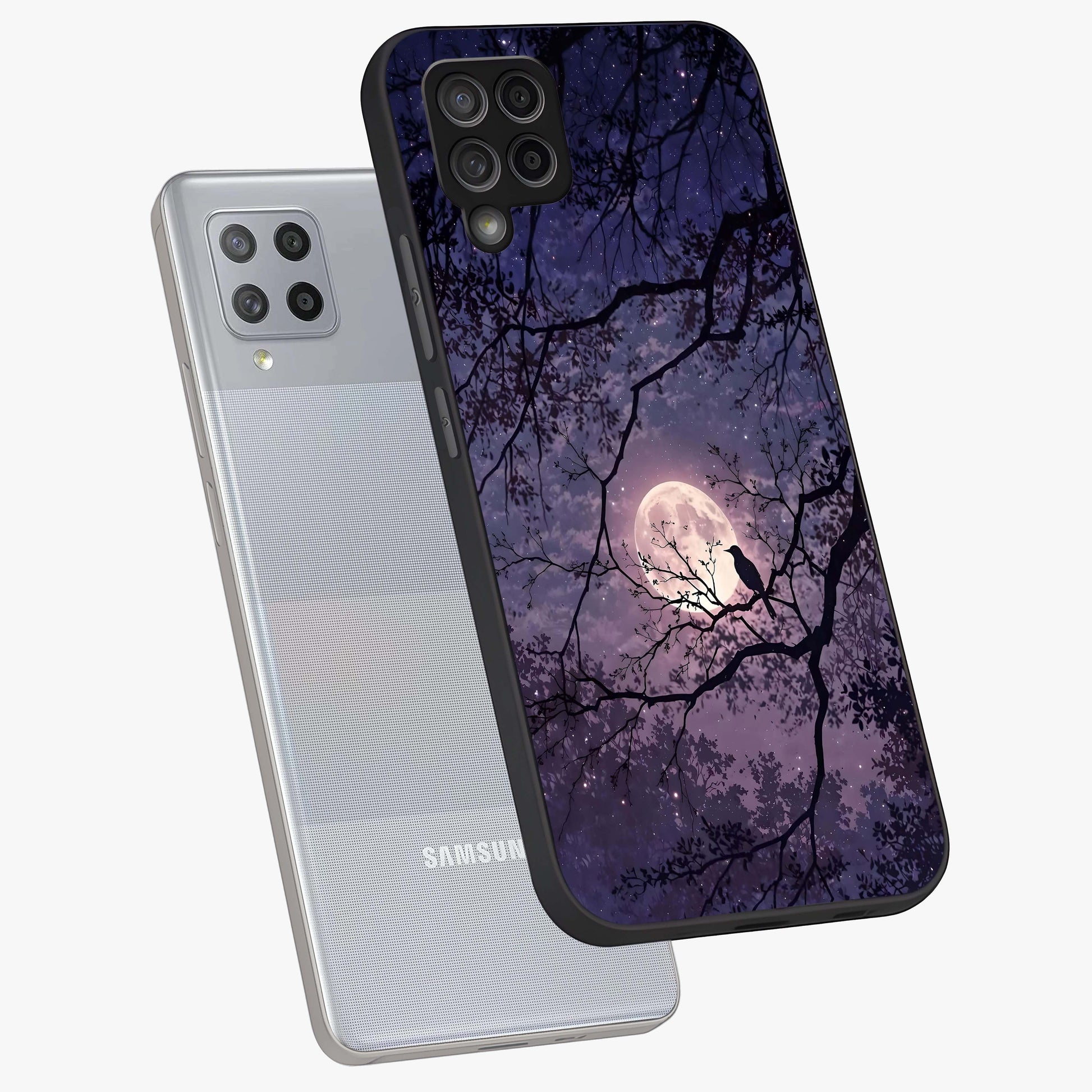 Whispering Moon Silence Glass Case displayed in angled mockup highlighting calm lunar design with dreamy night aesthetic.
