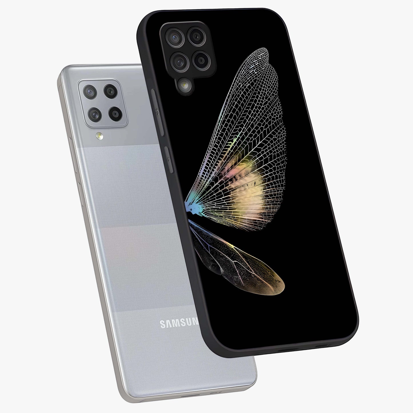 Whispers Of Wings Glass Case displayed in angled mockup highlighting soft feather design with celestial aesthetic style.