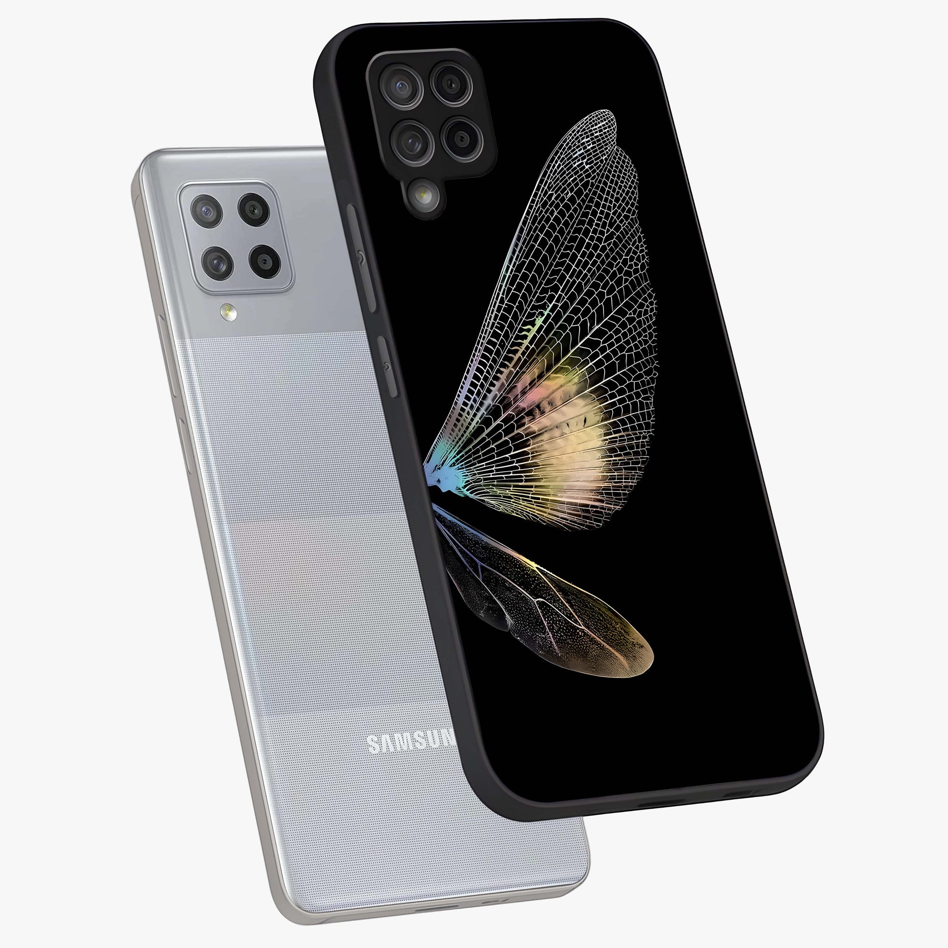 Whispers Of Wings Glass Case displayed in angled mockup highlighting soft feather design with celestial aesthetic style.