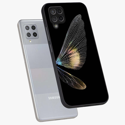 Whispers Of Wings Glass Case displayed in angled mockup highlighting soft feather design with celestial aesthetic style.