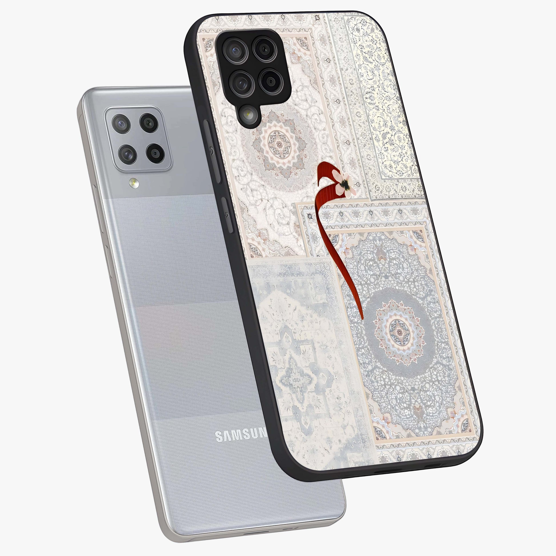 White Aesthetic Bow Glass Case displayed in angled mockup highlighting clean bow design with soft aesthetic style.