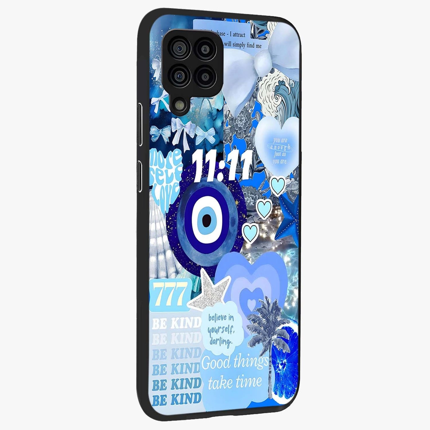 Aesthetic Be Kind Eye Glass Case upright view showcasing stylish eye illustration with positive message theme.