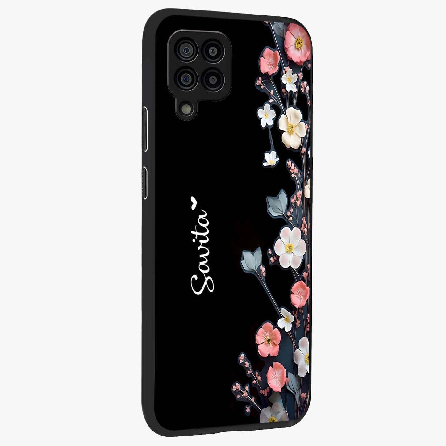 Black Elegance Floral Custom Name Glass Case upright view showcasing luxurious black floral design with personalized name detail.