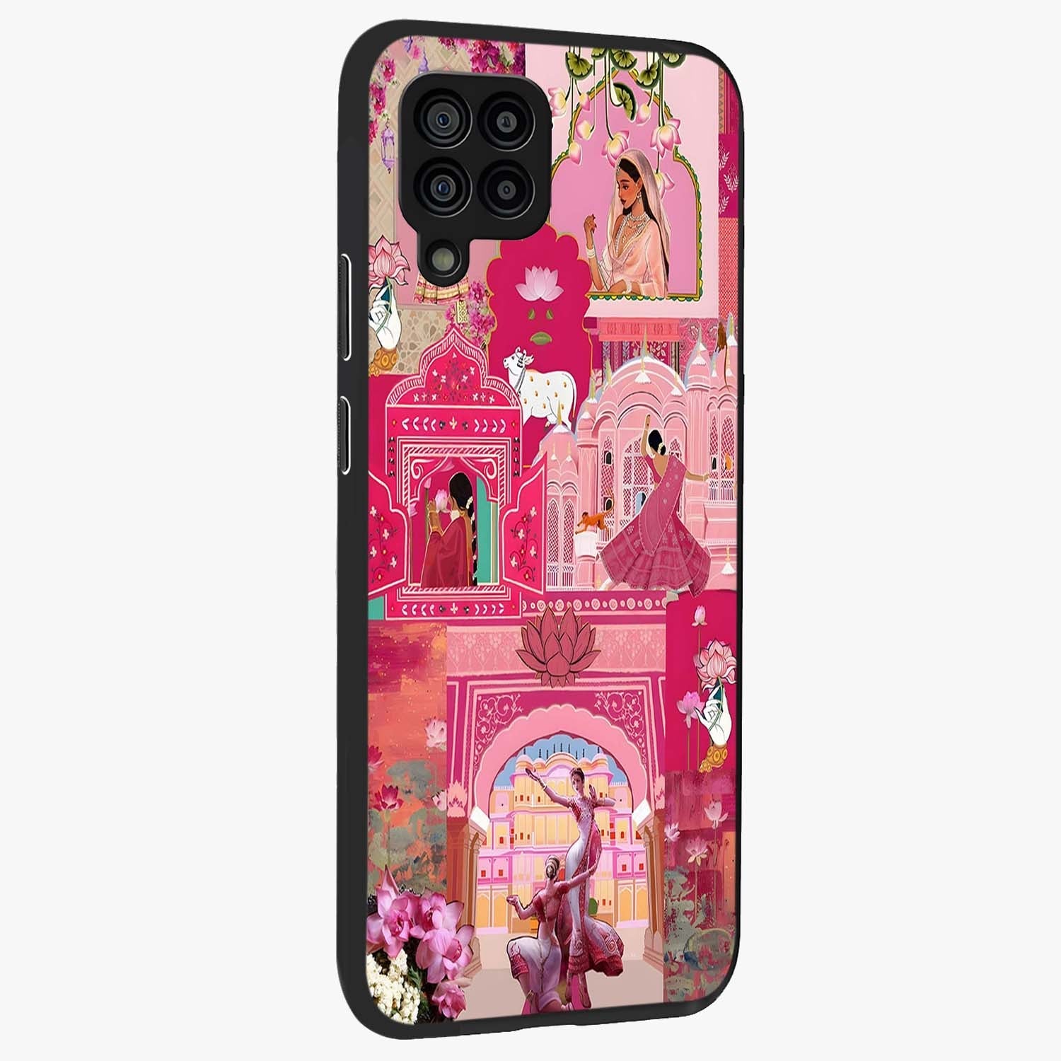 Blossoms of Rajasthan Glass Case upright view showcasing colorful floral design inspired by traditional Indian art.