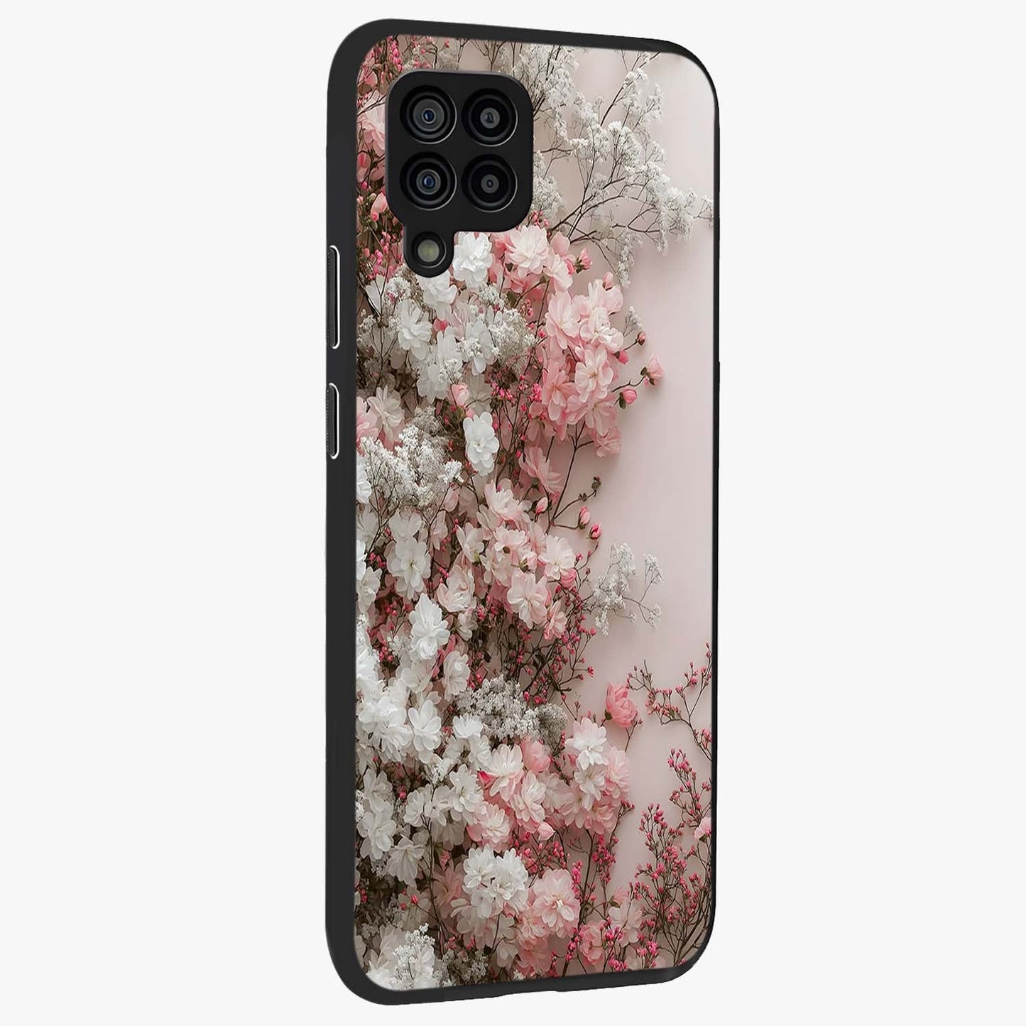Blush Blossom Cloud Glass Case upright view showcasing calm floral cloud artwork with gentle dreamy theme.