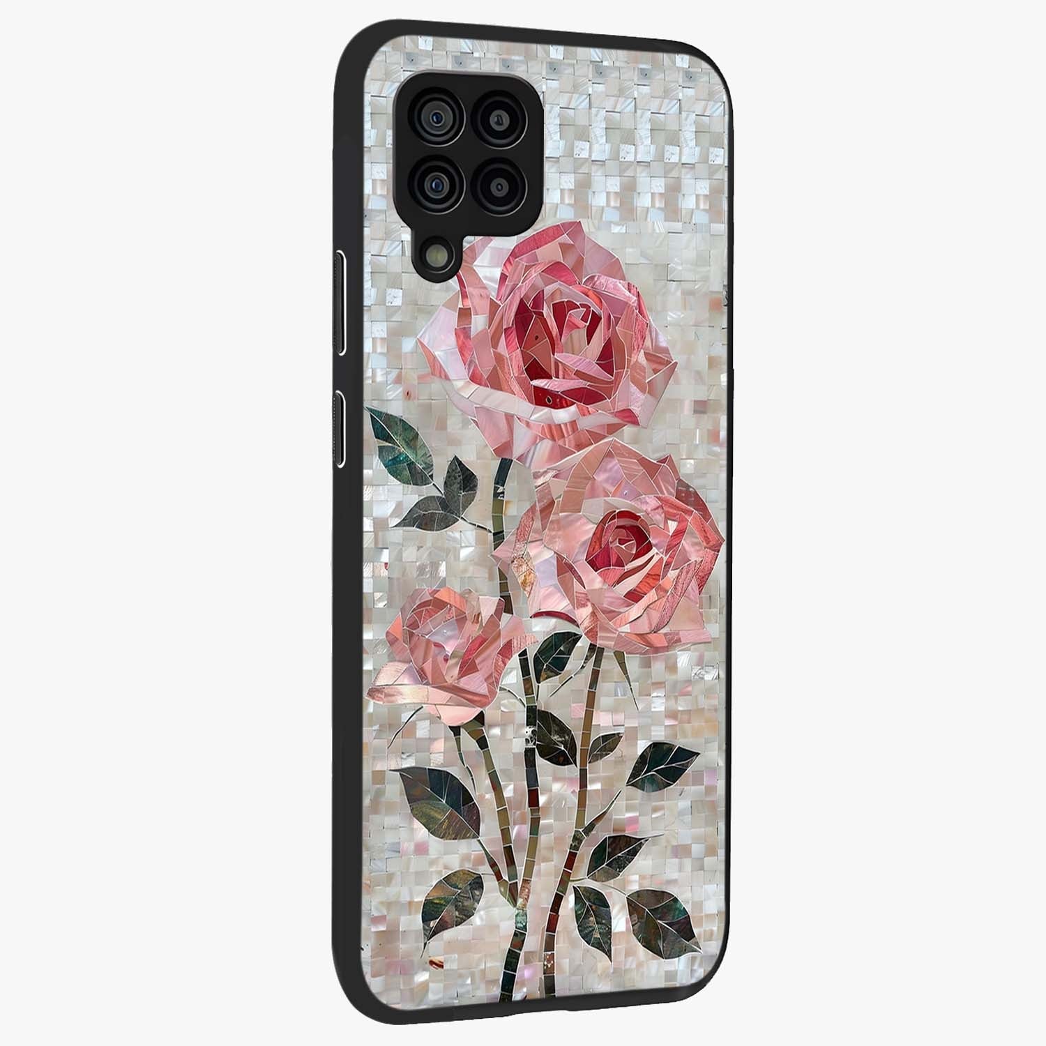 Blush Mosaic Bloom Glass Case upright view showcasing decorative floral mosaic artwork with stylish modern aesthetic.