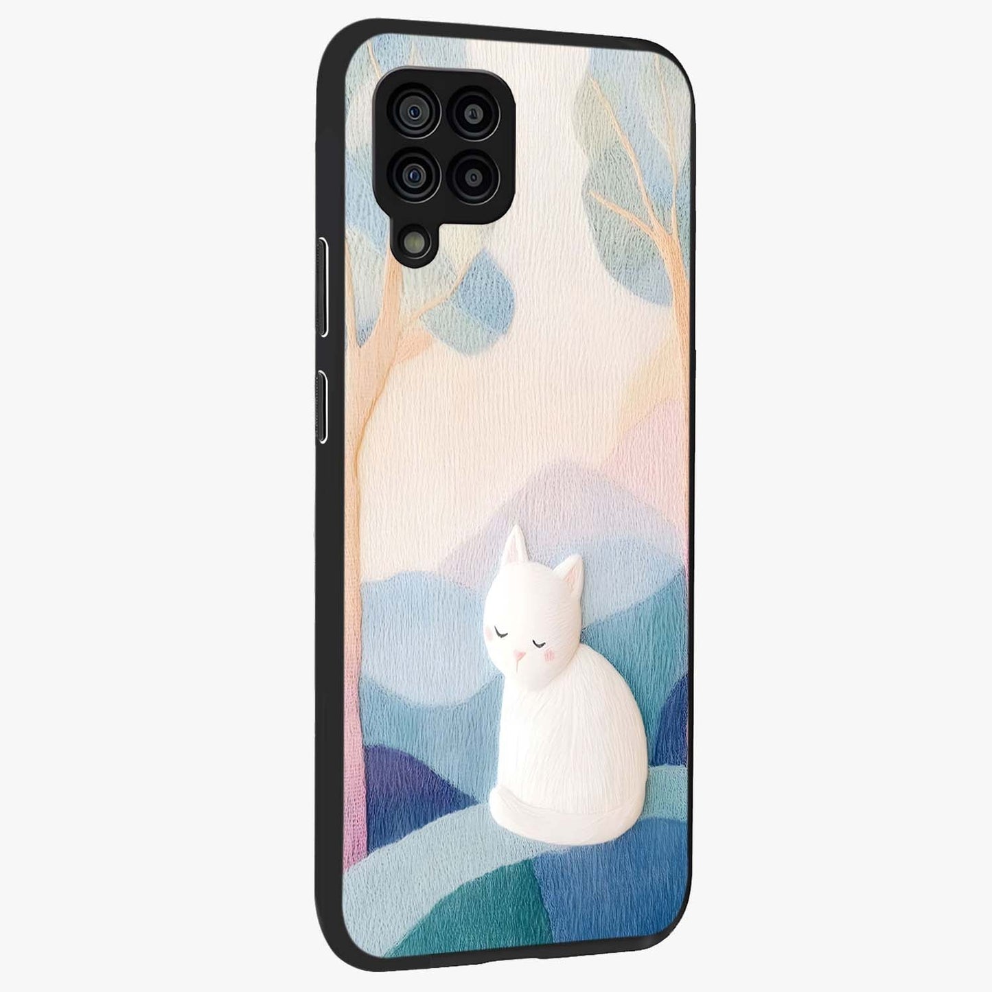 Cotton Dream Cat Glass Case upright view showcasing charming cat artwork with cozy dreamy theme.
