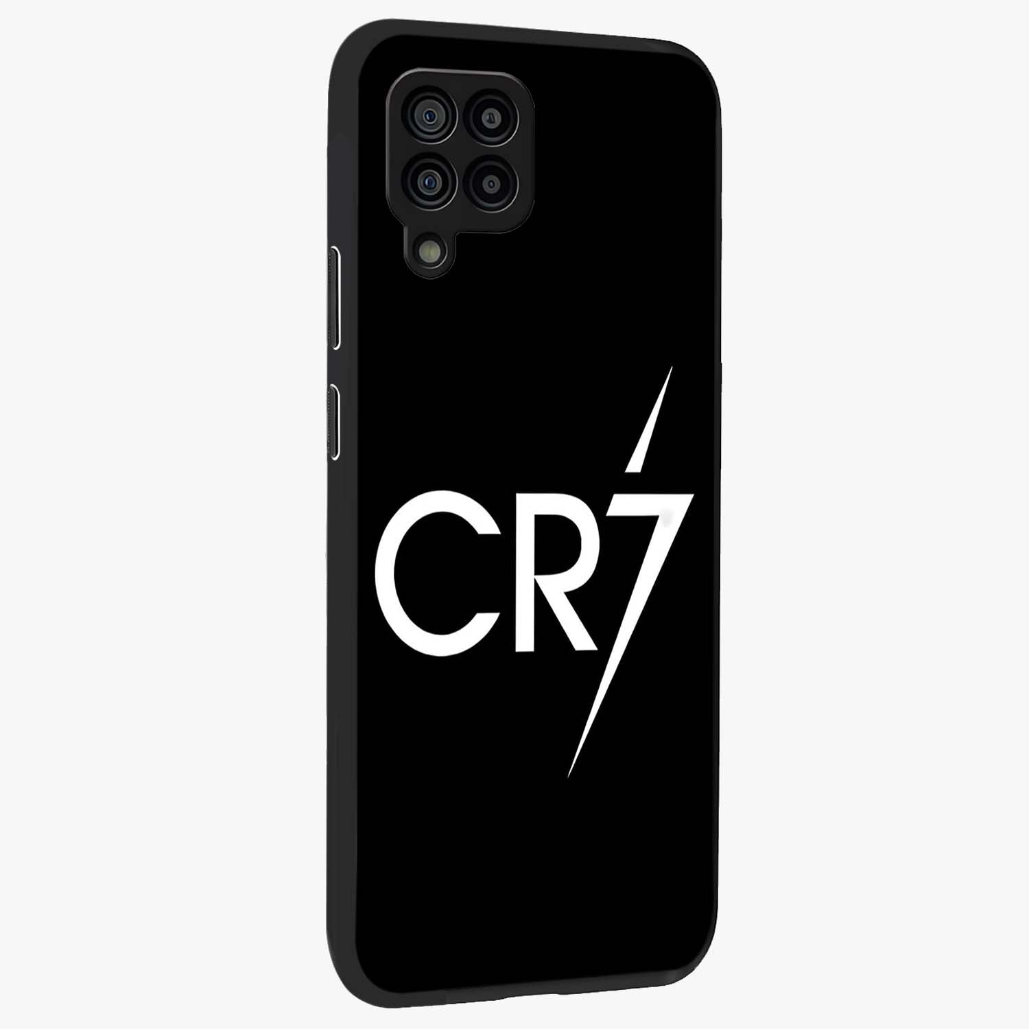 Cr7 Elite Strike Glass Case upright view showcasing energetic football inspired design with modern sports aesthetic.