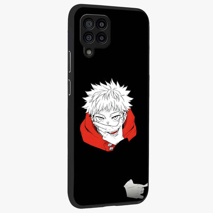Crimson Chaos Smile Glass Case upright view showcasing expressive chaotic artwork with striking visual theme.