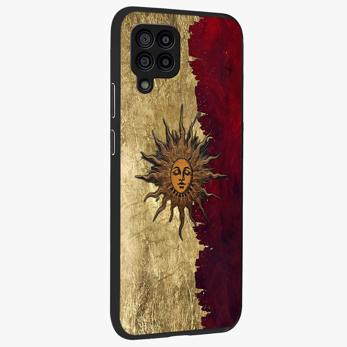 Crimson Sun Majesty Glass Case upright view showcasing vibrant sun artwork with powerful celestial theme.