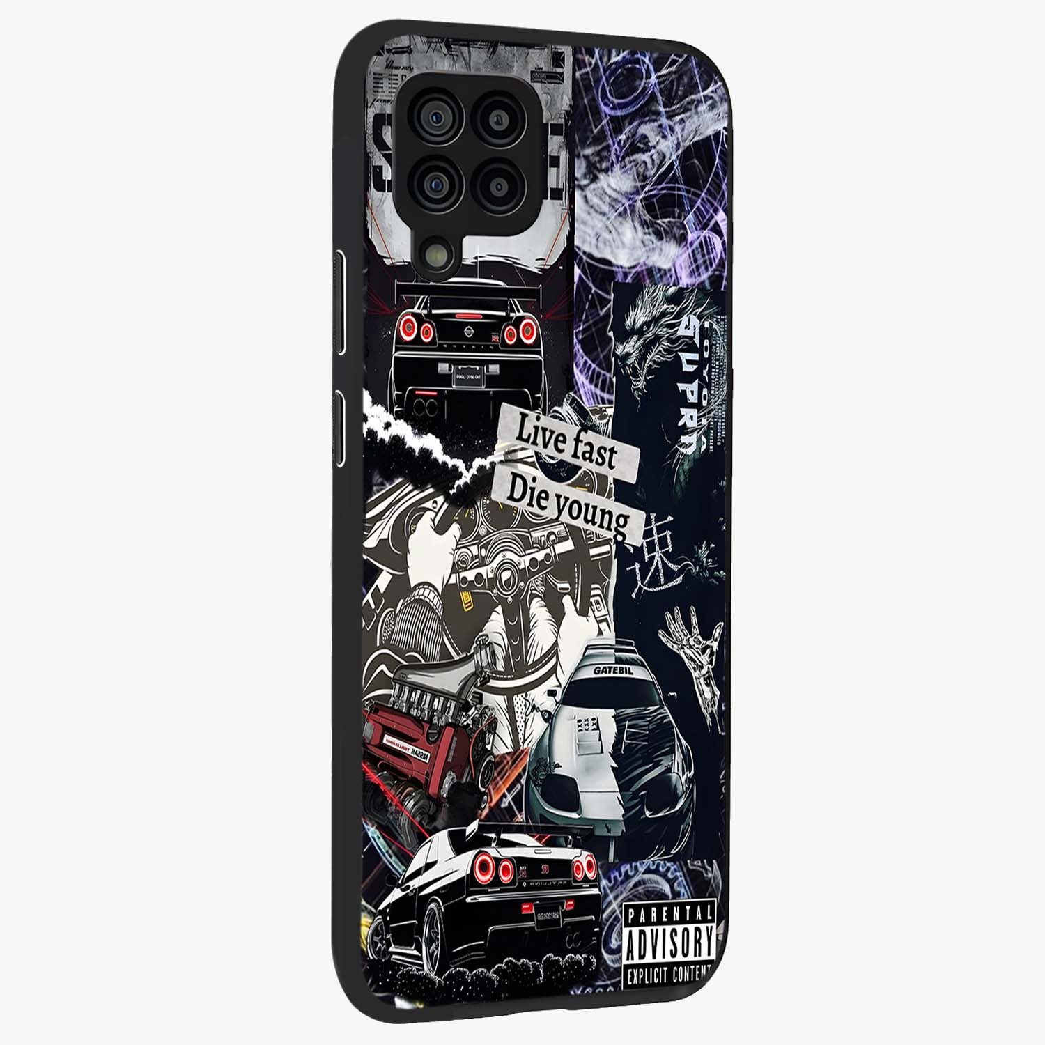 Die Young Glass Case upright view showcasing striking typography artwork with modern statement theme.