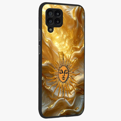Eternal Golden Glow Glass Case upright view showcasing luminous golden artwork with luxurious visual theme.