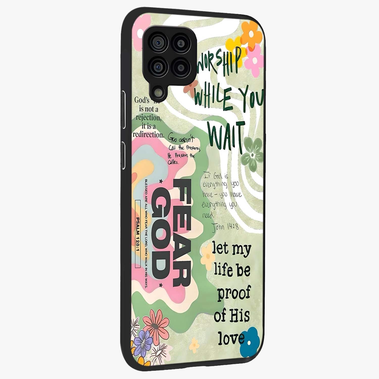 Faith Over Fear Glass Case upright view showcasing bold typography artwork with uplifting motivational theme.