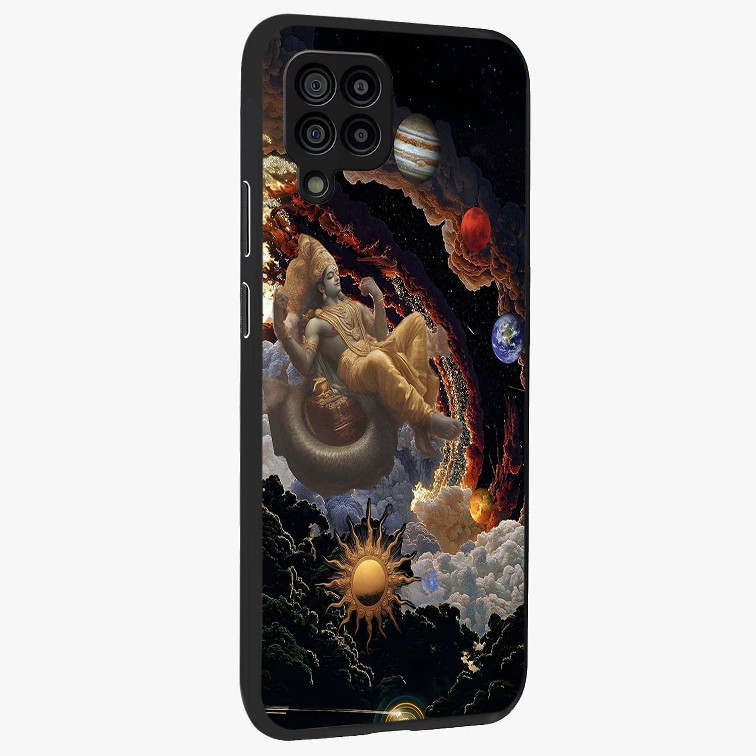 Galactic Divine God Glass Case upright view showcasing mystical divine artwork with dramatic cosmic theme.
