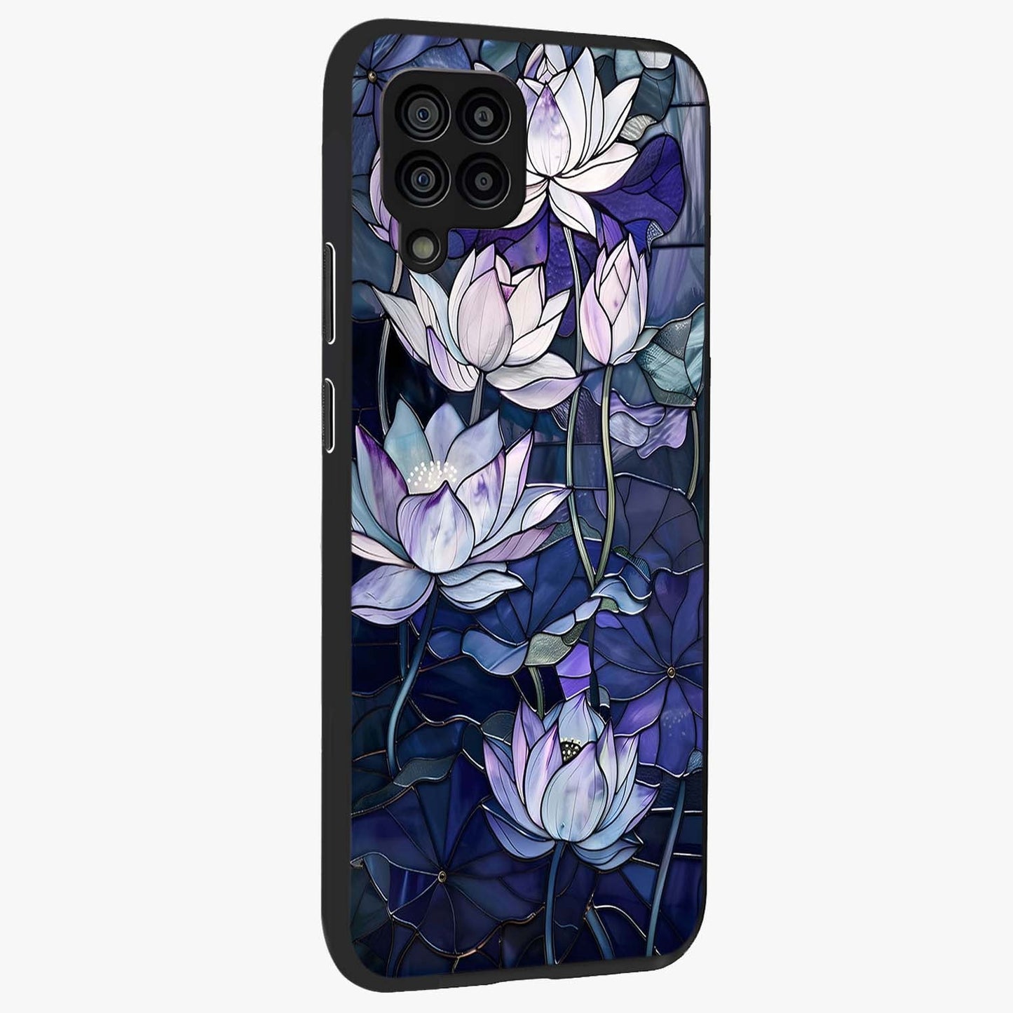 Gloss Petal Rush Glass Case upright view showcasing dynamic floral petal artwork with modern botanical theme.