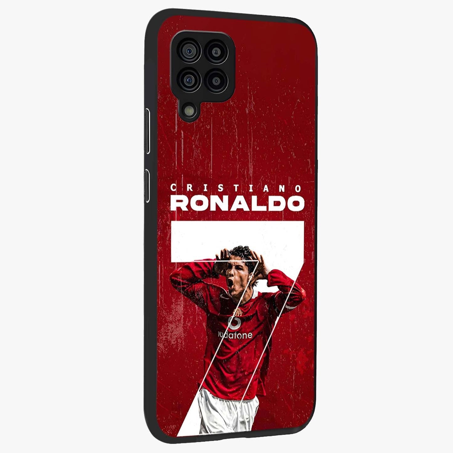 Goal Celebration Legacy Glass Case upright view showcasing dynamic football inspired artwork with victory celebration aesthetic.