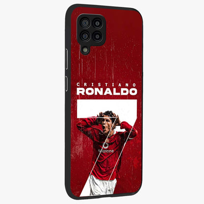 Goal Celebration Legacy Glass Case upright view showcasing dynamic football inspired artwork with victory celebration aesthetic.