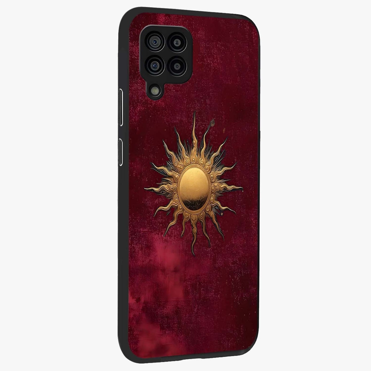 Golden Sun Minimalism Glass Case upright view showcasing simple golden sun artwork with elegant minimalist style.