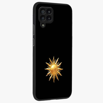 Golden Sun Minimalism Glass Case upright view showcasing haunting graveyard artwork with dramatic dark theme.