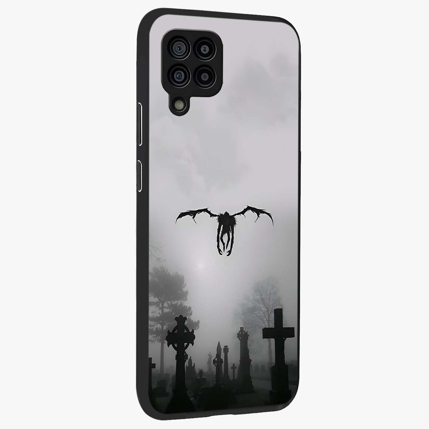 Graveyard Shadow Descent Glass Case upright view showcasing haunting graveyard artwork with dramatic dark theme.